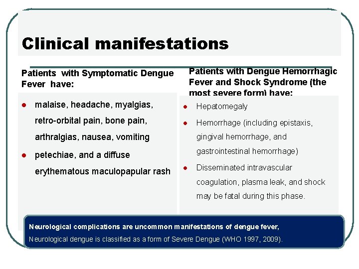 Clinical manifestations Patients with Dengue Hemorrhagic Fever and Shock Syndrome (the most severe form)