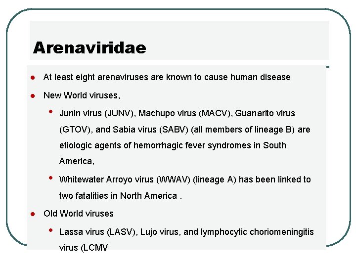 Arenaviridae l At least eight arenaviruses are known to cause human disease l New