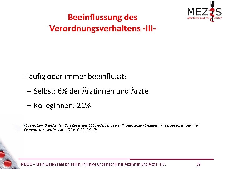 Beeinflussung des Verordnungsverhaltens -III- Häufig oder immer beeinflusst? – Selbst: 6% der Ärztinnen und