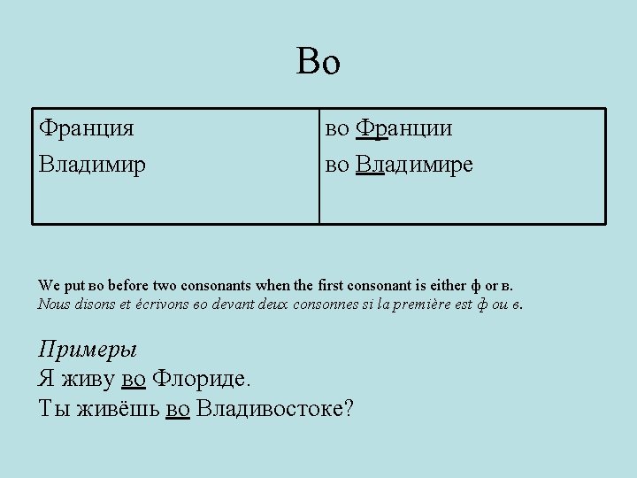 Во Франция Владимир во Франции во Владимире We put во before two consonants when