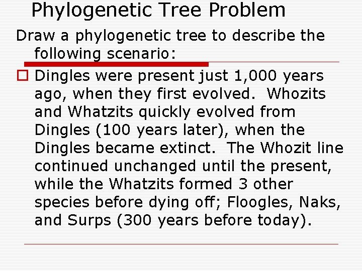 Phylogenetic Tree Problem Draw a phylogenetic tree to describe the following scenario: o Dingles