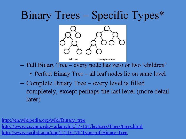Binary Trees – Specific Types* – Full Binary Tree – every node has zero