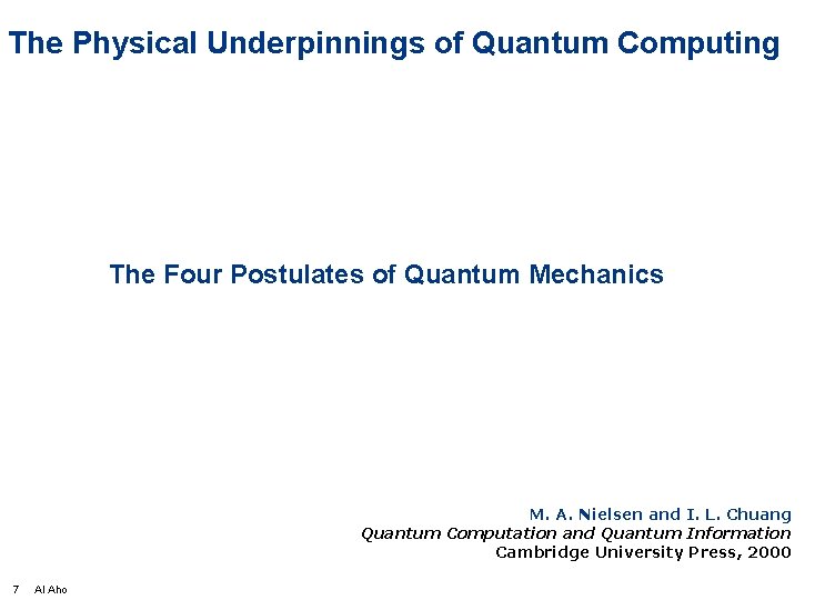 The Physical Underpinnings of Quantum Computing The Four Postulates of Quantum Mechanics M. A.