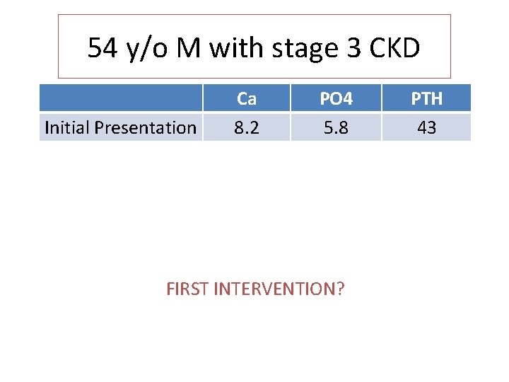54 y/o M with stage 3 CKD Initial Presentation Ca 8. 2 PO 4