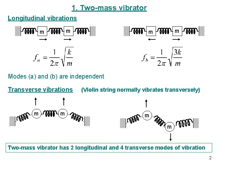 1. Two-mass vibrator Longitudinal vibrations m m Modes (a) and (b) are independent Transverse