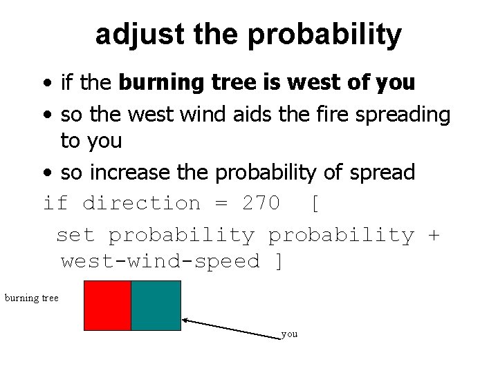 adjust the probability • if the burning tree is west of you • so