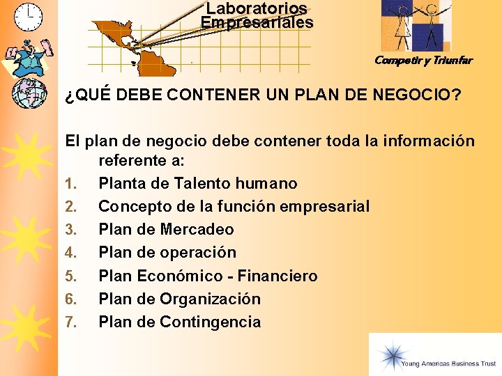 Laboratorios Empresariales Competir y Triunfar ¿QUÉ DEBE CONTENER UN PLAN DE NEGOCIO? El plan Laboratorios Empresariales Competir y Triunfar ¿QUÉ DEBE CONTENER UN PLAN DE NEGOCIO? El plan