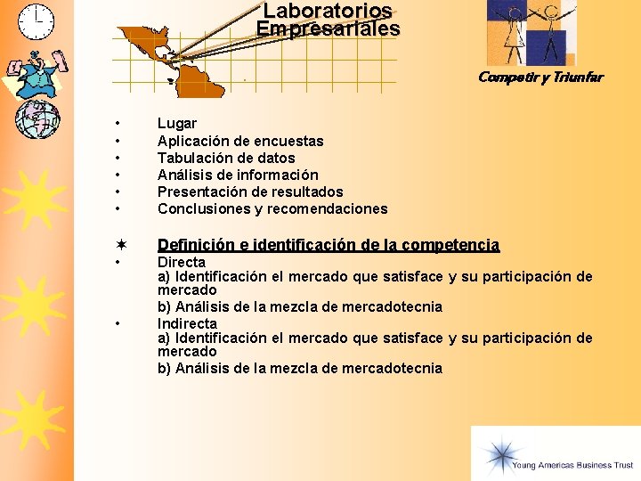 Laboratorios Empresariales Competir y Triunfar • • • Lugar Aplicación de encuestas Tabulación de