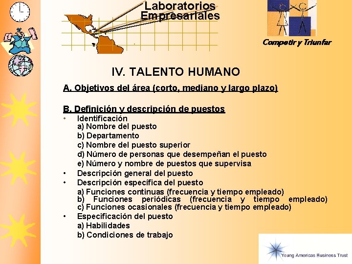 Laboratorios Empresariales Competir y Triunfar IV. TALENTO HUMANO A. Objetivos del área (corto, mediano