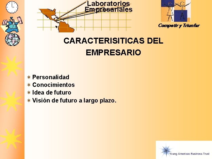 Laboratorios Empresariales Competir y Triunfar CARACTERISITICAS DEL EMPRESARIO ¬ Personalidad ¬ Conocimientos ¬ Idea