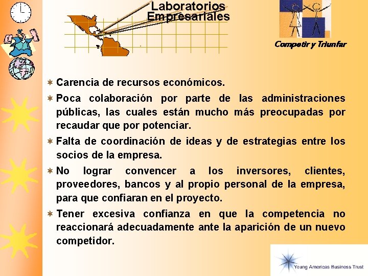 Laboratorios Empresariales Competir y Triunfar ¬ Carencia de recursos económicos. ¬ Poca colaboración por Laboratorios Empresariales Competir y Triunfar ¬ Carencia de recursos económicos. ¬ Poca colaboración por