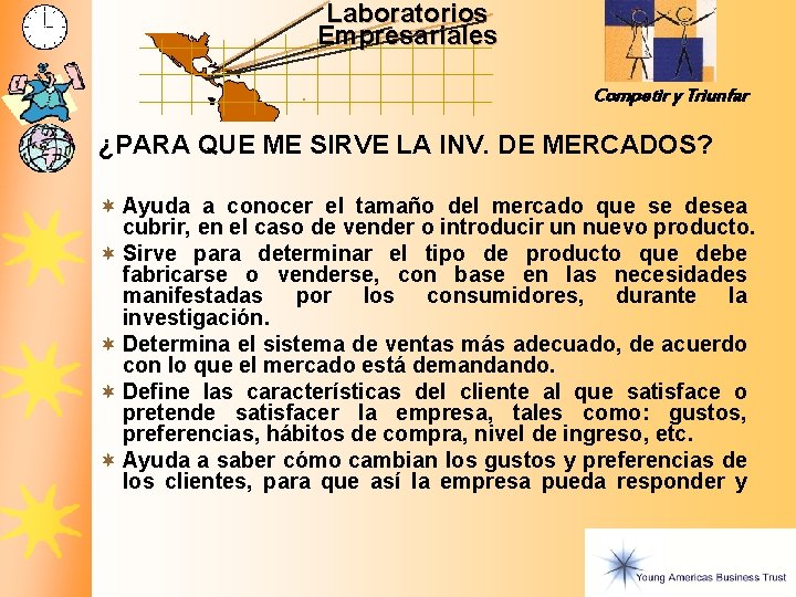 Laboratorios Empresariales Competir y Triunfar ¿PARA QUE ME SIRVE LA INV. DE MERCADOS? ¬ Laboratorios Empresariales Competir y Triunfar ¿PARA QUE ME SIRVE LA INV. DE MERCADOS? ¬