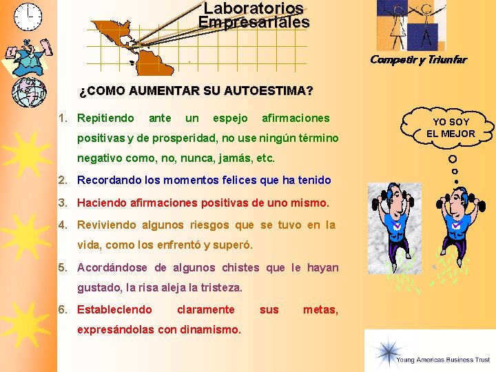 Laboratorios Empresariales Competir y Triunfar ¿COMO AUMENTAR SU AUTOESTIMA? 1. Repitiendo ante un espejo