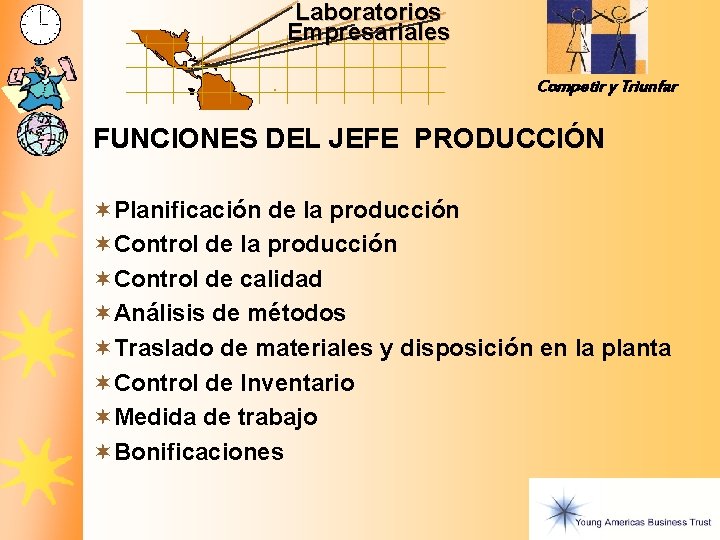 Laboratorios Empresariales Competir y Triunfar FUNCIONES DEL JEFE PRODUCCIÓN ¬Planificación de la producción ¬Control Laboratorios Empresariales Competir y Triunfar FUNCIONES DEL JEFE PRODUCCIÓN ¬Planificación de la producción ¬Control