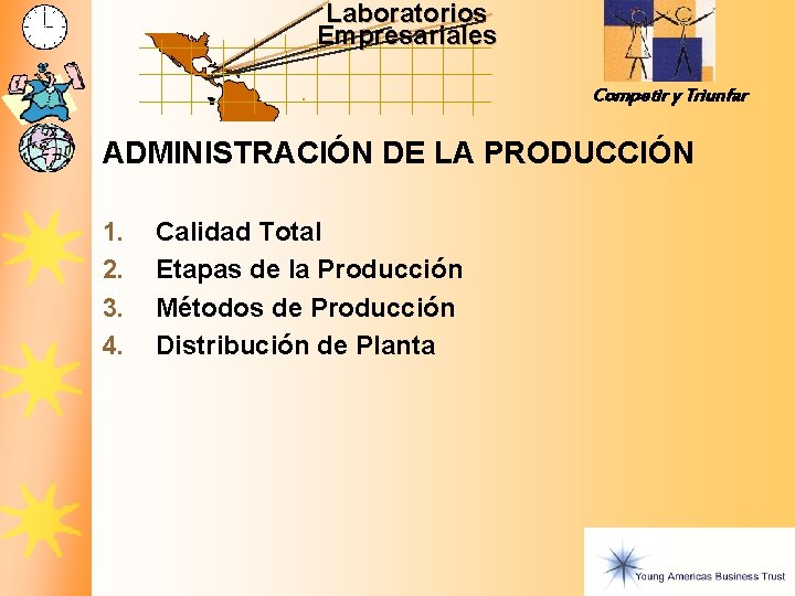 Laboratorios Empresariales Competir y Triunfar ADMINISTRACIÓN DE LA PRODUCCIÓN 1. 2. 3. 4. Calidad Laboratorios Empresariales Competir y Triunfar ADMINISTRACIÓN DE LA PRODUCCIÓN 1. 2. 3. 4. Calidad