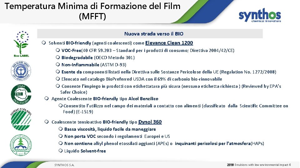 Temperatura Minima di Formazione del Film (MFFT) Nuova strada verso il BIO m Solventi
