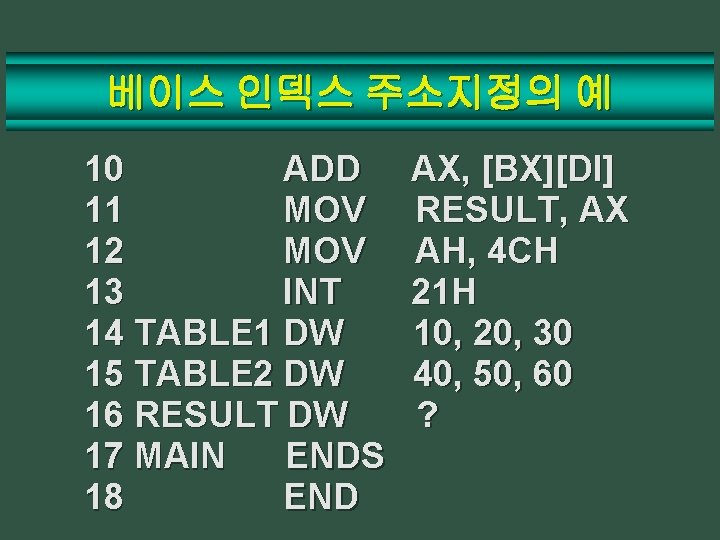 베이스 인덱스 주소지정의 예 10 ADD 11 MOV 12 MOV 13 INT 14 TABLE