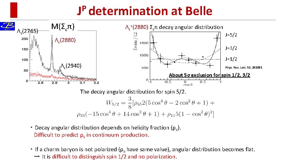 JP determination at Belle Λc(2765) M(Σcπ) Λc+(2880) Σcπ decay angular distribution Λc(2880) J=5/2 J=3/2