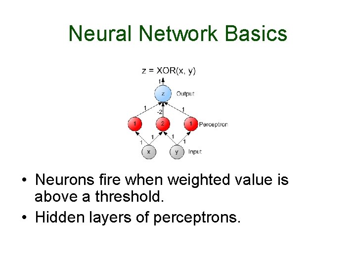 Neural Network Basics • Neurons fire when weighted value is above a threshold. •