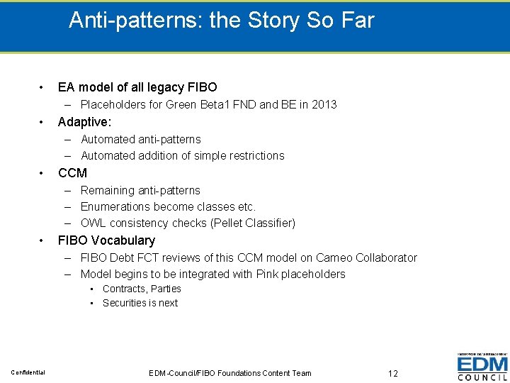 Anti-patterns: the Story So Far • EA model of all legacy FIBO – Placeholders