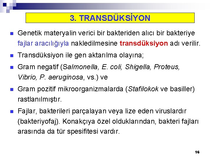 3. TRANSDÜKSİYON n Genetik materyalin verici bir bakteriden alıcı bir bakteriye fajlar aracılığıyla nakledilmesine