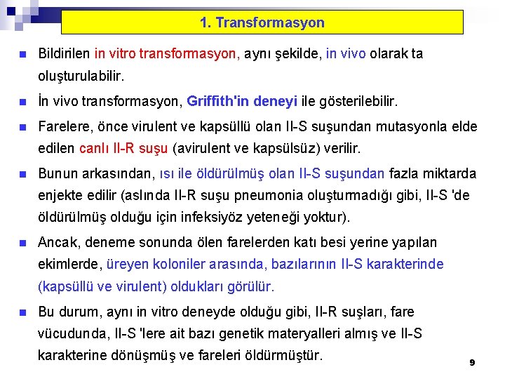 1. Transformasyon n Bildirilen in vitro transformasyon, aynı şekilde, in vivo olarak ta oluşturulabilir.