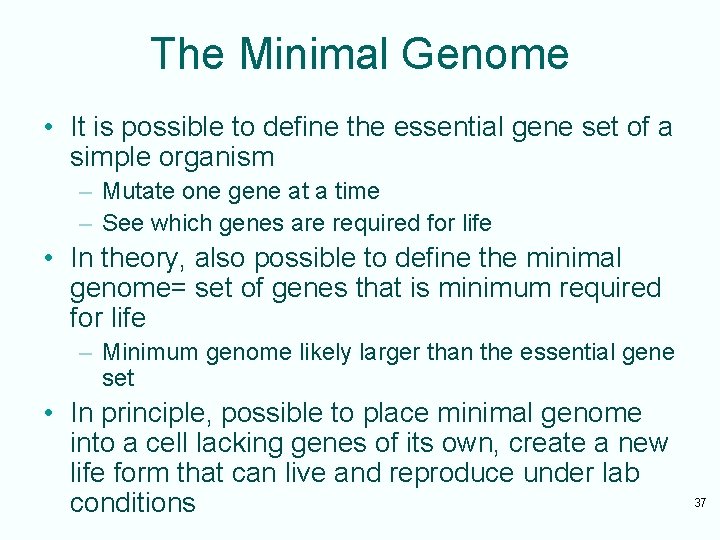 The Minimal Genome • It is possible to define the essential gene set of