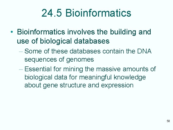 24. 5 Bioinformatics • Bioinformatics involves the building and use of biological databases –