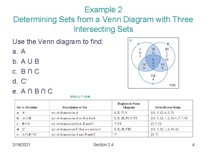 Example 2 Determining Sets from a Venn Diagram with Three Intersecting Sets Use the