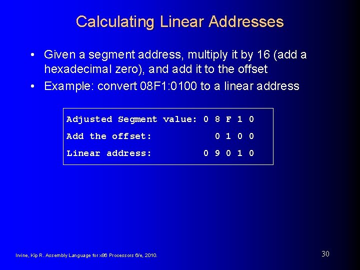 Calculating Linear Addresses • Given a segment address, multiply it by 16 (add a