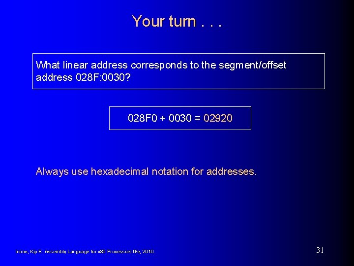 Your turn. . . What linear address corresponds to the segment/offset address 028 F: