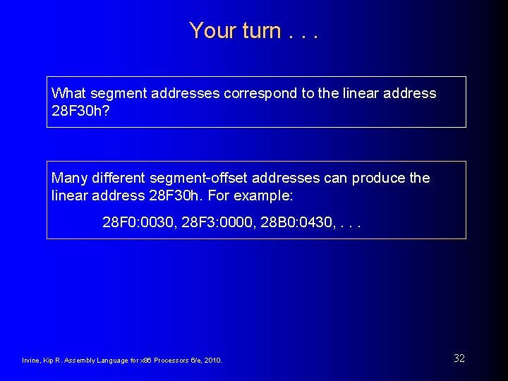 Your turn. . . What segment addresses correspond to the linear address 28 F