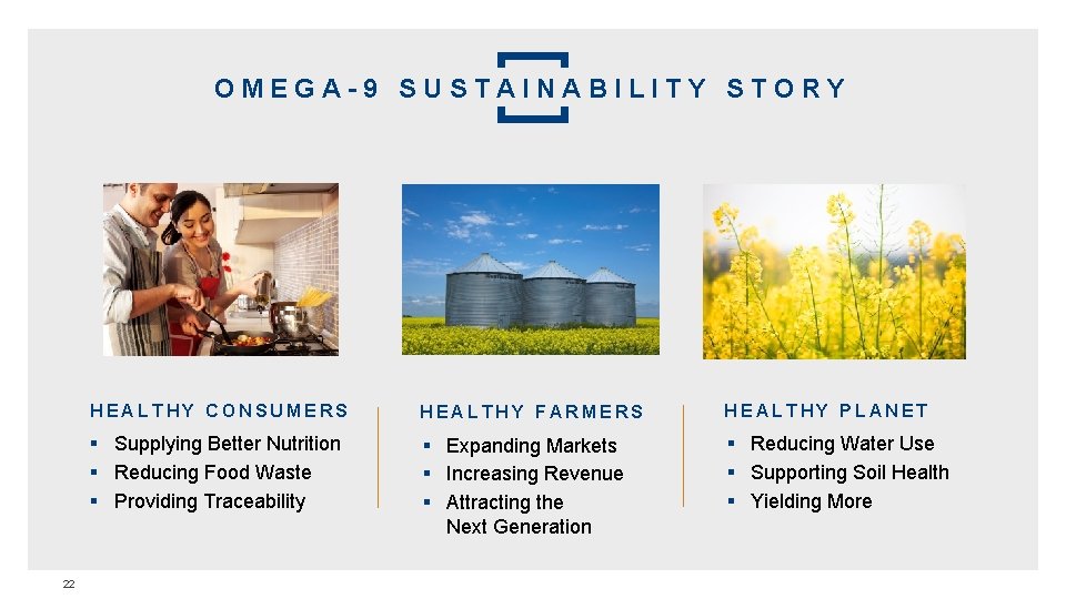 OMEGA-9 SUSTAINABILITY STORY 22 HEALTHY CONSUMERS HEALTHY FARMERS HEALTHY PLANET § Supplying Better Nutrition