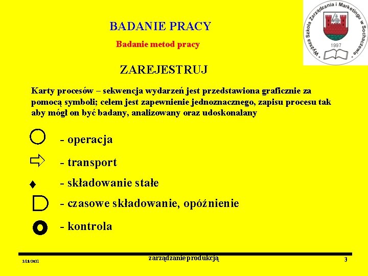 BADANIE PRACY Badanie metod pracy ZAREJESTRUJ Karty procesów – sekwencja wydarzeń jest przedstawiona graficznie