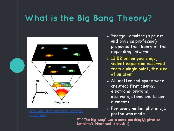 What is the Big Bang Theory? ● George Lemaitre (a priest and physics professor)