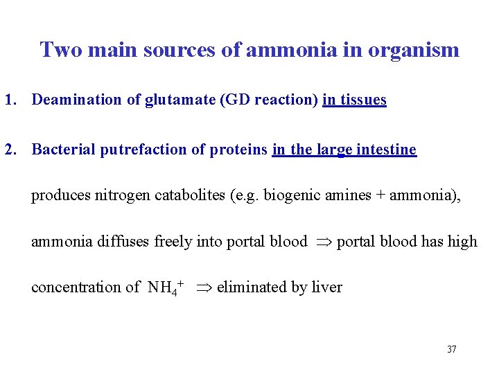 Two main sources of ammonia in organism 1. Deamination of glutamate (GD reaction) in