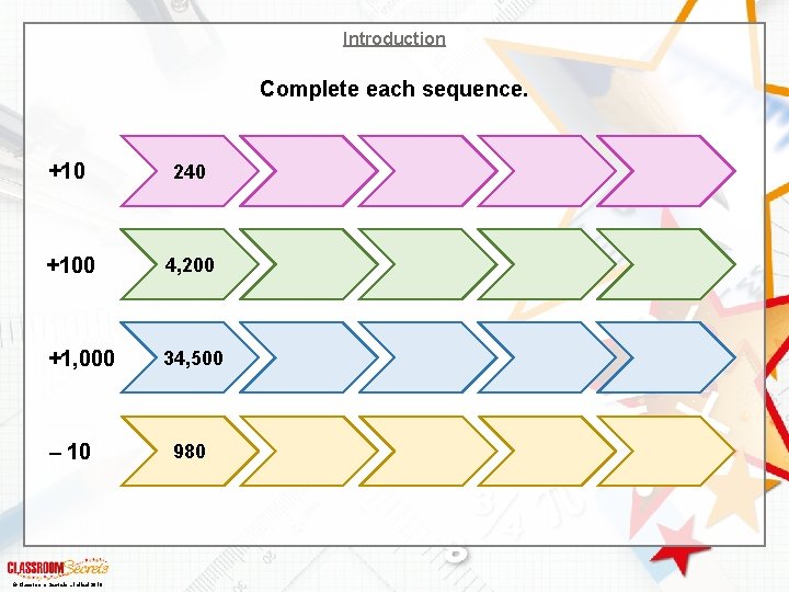 Introduction Complete each sequence. +10 240 +100 4, 200 +1, 000 34, 500 –