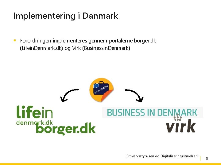 Implementering i Danmark § Forordningen implementeres gennem portalerne borger. dk (Lifein. Denmark. dk) og