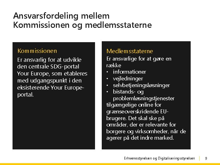 Ansvarsfordeling mellem Kommissionen og medlemsstaterne Kommissionen Er ansvarlig for at udvikle den centrale SDG-portal