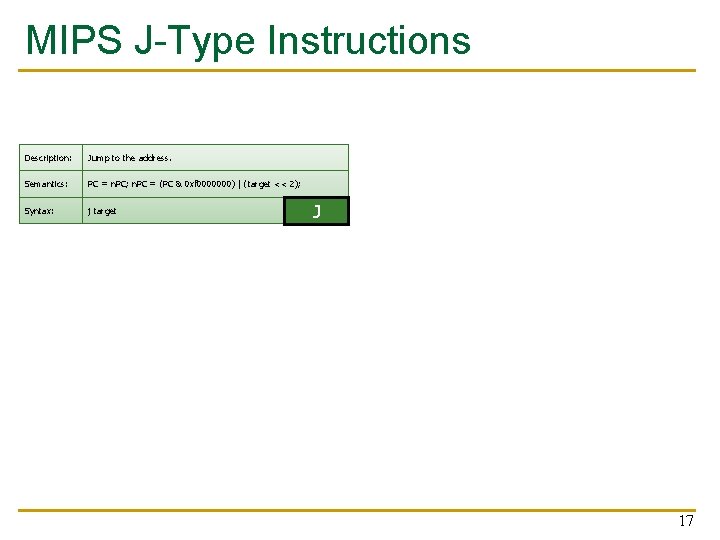 MIPS J-Type Instructions Description: Jump to the address. Semantics: PC = n. PC; n.
