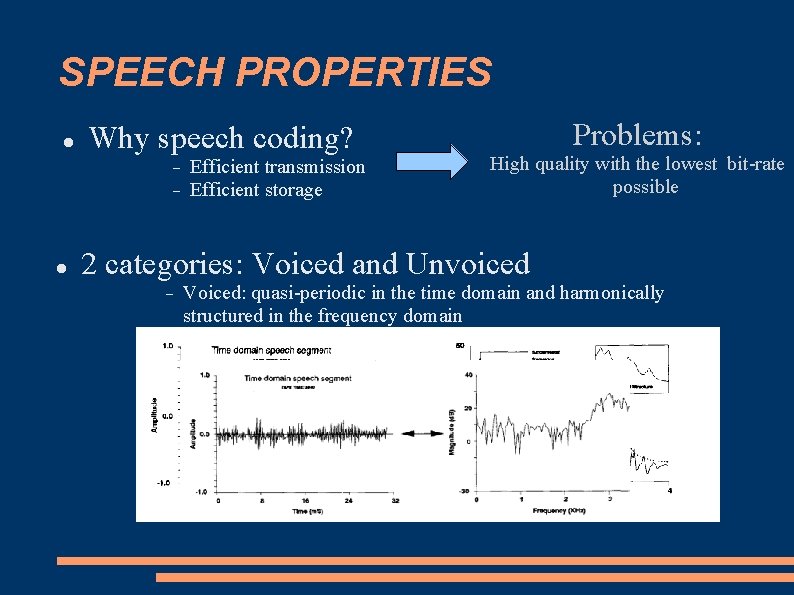 SPEECH PROPERTIES Why speech coding? Efficient transmission Efficient storage Problems: High quality with the