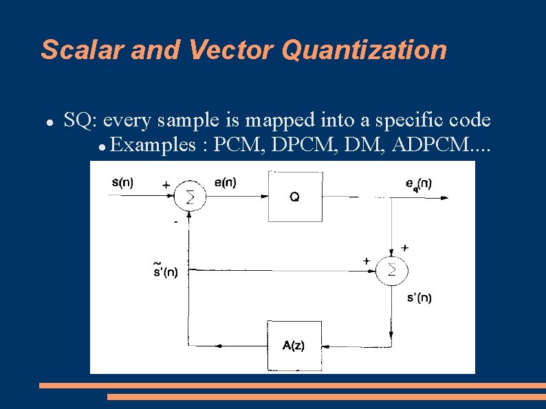 Scalar and Vector Quantization SQ: every sample is mapped into a specific code Examples