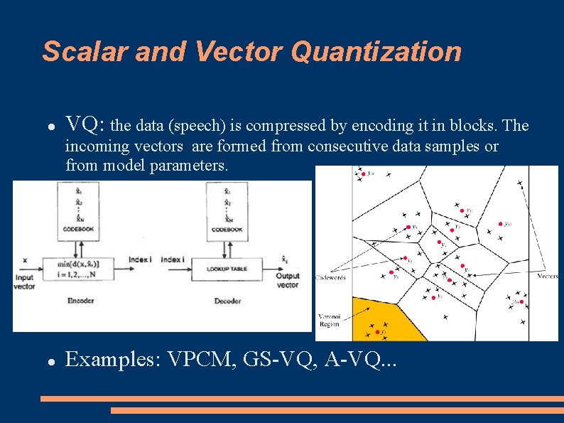 Scalar and Vector Quantization VQ: the data (speech) is compressed by encoding it in