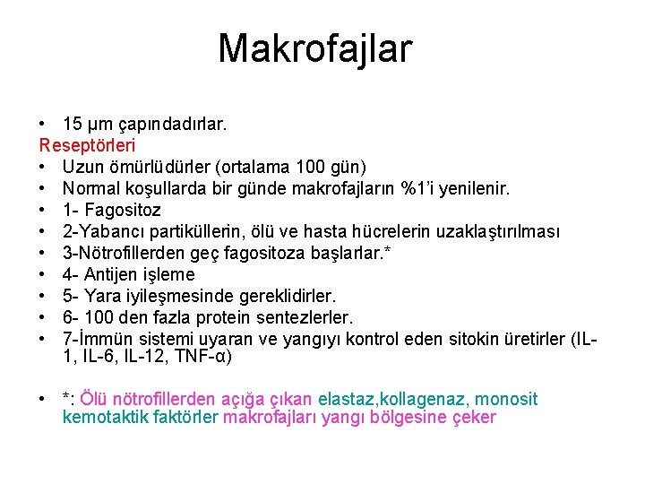 Makrofajlar • 15 µm çapındadırlar. Reseptörleri • Uzun ömürlüdürler (ortalama 100 gün) • Normal