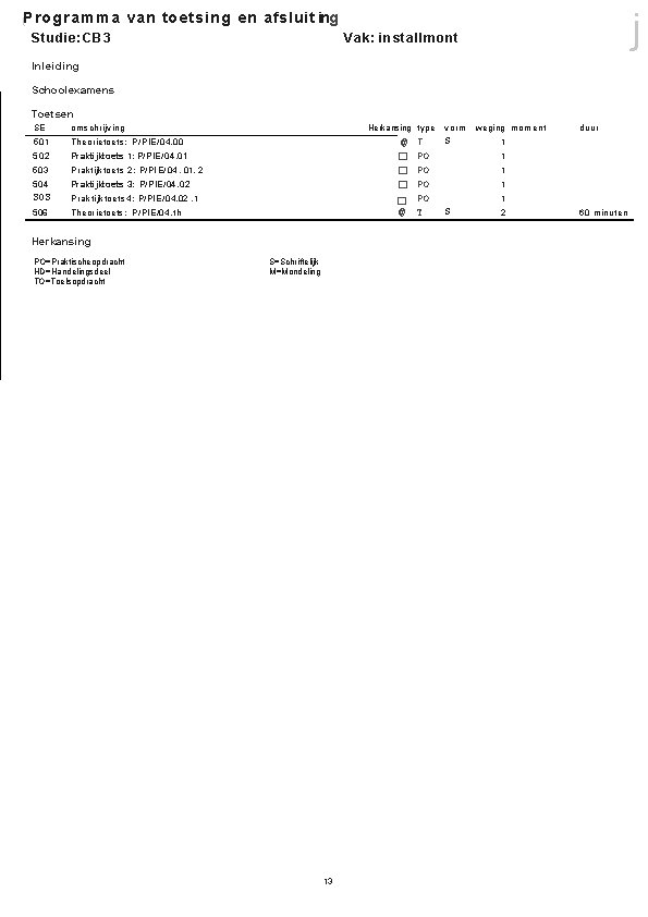 j (Programma van toetsing en afsluit ing Studie: CB 3 Vak: installmont Inleiding Schoolexamens