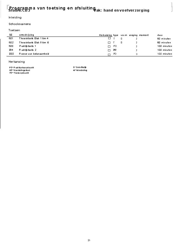 l j r. Studie: CB 3 Programma van toetsing en afsluiting. Vak: hand en