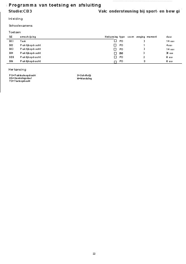 1 Programma van toetsing en afsluiting Studie: CB 3 Vak: ondersteuning bij sport- en