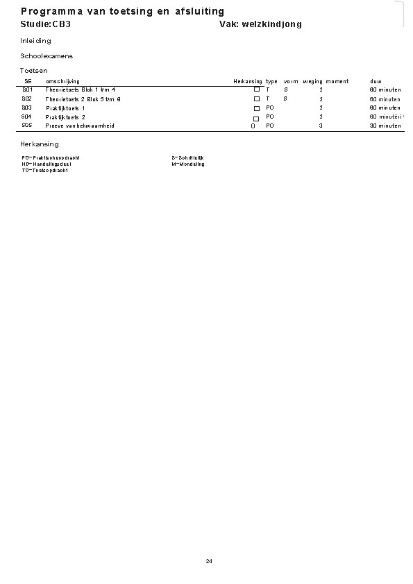 Programma van toetsing en afsluiting Studie: CB 3 Vak: welzkindjong Inleiding Schoolexamens Toetsen SE Programma van toetsing en afsluiting Studie: CB 3 Vak: welzkindjong Inleiding Schoolexamens Toetsen SE