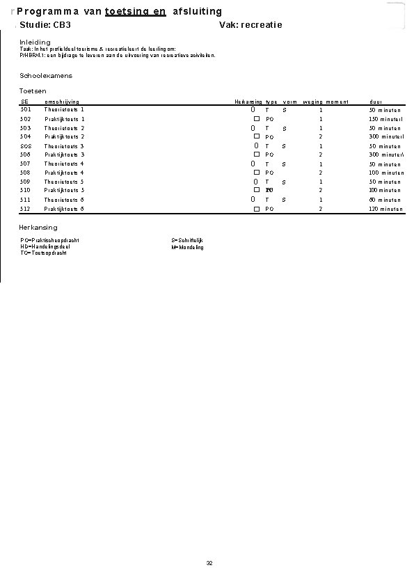 r Programma van toetsing en afsluiting 1 Studie: CB 3 Vak: recreatie Inleiding Taak: