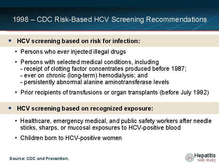 1998 – CDC Risk-Based HCV Screening Recommendations § HCV screening based on risk for